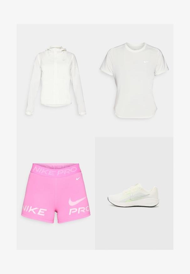 Hvit Nike-jakke med hette, hel glidelås, elastiske mansjetter og en diskret logo på brystet. Glatt tekstur og lett design.; Nike T-skjorte i hvit, kortermet, rund hals, laget av et glatt og lett materiale. Har en subtil logo på brystet.; Nike Pro rosa treningsshorts med høy elastisk midje, hvit logo tekst, og glatt, elastisk materiale.; Nike Performance DOWNSHIFTER 13 - Løpesko for vei - sail/silver-coloured photon dust/summit white/barely volt/black