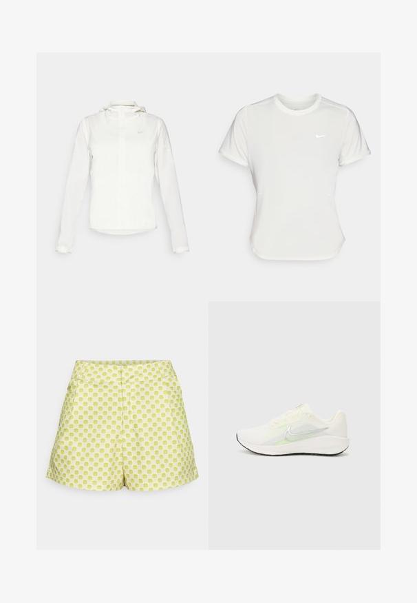 Valkoinen Nike-takki hupulla, täyspitkällä vetoketjulla, joustavilla hihansuilla ja hillityllä logolla rinnassa. Sujuva pinta ja kevyt muotoilu.; Nike T-paita valkoisena, lyhythihaisena, pyöreällä kaula-aukolla, valmistettu sileästä, kevyestä kankaasta. Rinnassa on huomaamaton logo.; Vihreät kuviolliset shortsit, joissa on ruudullinen kuvio, keskikorkealla vyötäröllä, kaksi etutaskua ja pehmeä puuvillakangas.; Nike Performance DOWNSHIFTER 13 - Katujuoksukengät - sail/silver-coloured photon dust/summit white/barely volt/black