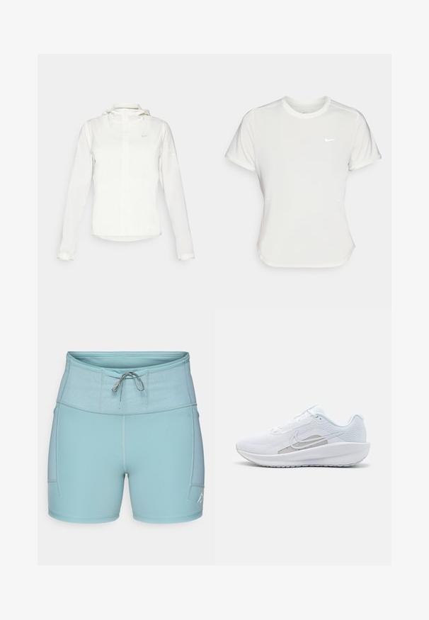 Balta Nike striukė su gobtuvu, pilnu užtrauktuku, elastingomis rankovėmis ir subtiliu logotipu ant krūtinės. Sklandi tekstūra ir lengvas dizainas.; Nike marškinėliai balti, trumpomis rankovėmis, apvaliu iškirpimu, pagaminti iš lygaus, lengvo audinio. Yra subtilus logotipas ant krūtinės.; Šviesiai mėlynos sportinės šortai su plačiu elastingu diržu, raišteliu ir šoninėmis kišenėmis. Sklandus audinys su plokščiomis siūlėmis patogumui.; Baldas sportinis batelis su tinkleliu viršuje, apvaliu toe ir tekstūruota padais. Pabrėžia sidabrinį Nike swoosh ir minimalistinį dizainą.