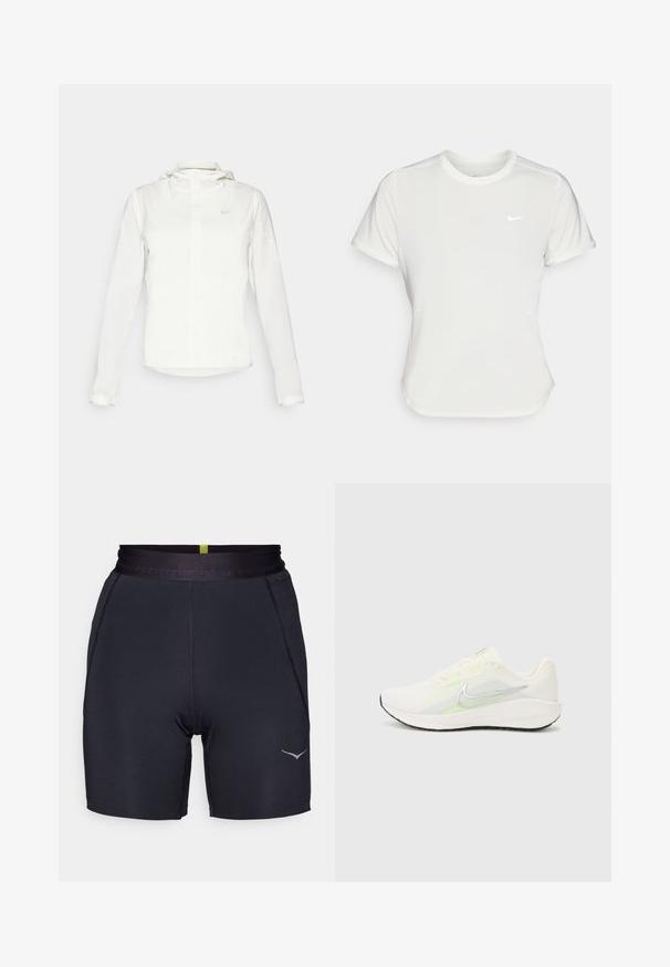 Vit Nike-jacka med huva, hel dragkedja, elastiska ärmslutar och en diskret logotyp på bröstet. Slät textur och lätt design.; Nike T-shirt i vitt, kortärmad, rund halsringning, tillverkad av ett mjukt, lätt material. Har en diskret logotyp på bröstet.; Svarta sportshorts med en kroppsnära design, slät textur, elastisk midja och en subtil grå logotyp på vänster sida.; Nike Performance DOWNSHIFTER 13 - Väglöparskor - sail/silver-coloured photon dust/summit white/barely volt/black