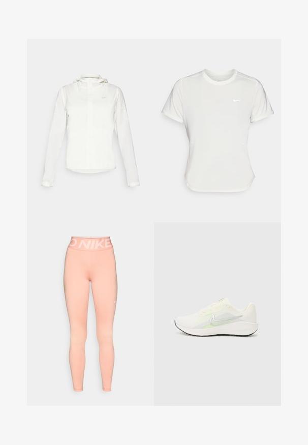 Bela Nike jakna s kapuco, polno zadrgo, elastičnimi manšetami in diskretnim logotipom na prsih. Gladka tekstura in lahko oblikovanje.; Nike majica v beli barvi, kratki rokavi, okrogla izrezana vrata, izdelana iz gladkega, lahkotnega materiala. Značilna je subtilna logo na prsnem delu.; Roza Nike legice imajo visok pas z belim logotipom. Tkanina je gladka z oprijetim krojem, primerna za aktivno nošenje.; Nike Performance DOWNSHIFTER 13 - Tekaški copati za cesto - sail/silver-coloured photon dust/summit white/barely volt/black