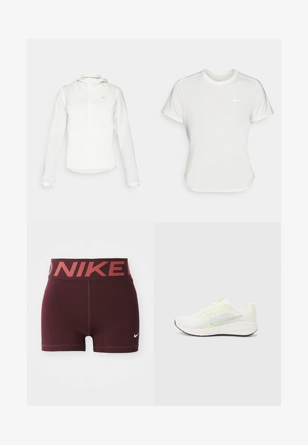 Hvit Nike-jakke med hette, hel glidelås, elastiske mansjetter og en diskret logo på brystet. Glatt tekstur og lett design.; Nike T-skjorte i hvit, kortermet, rund hals, laget av et glatt og lett materiale. Har en subtil logo på brystet.; Burgunderfargede treningsshorts med bred midje som har "NIKE"-logoen i kontrastfarge rød. Laget av glatt, stretchy materiale.; Nike Performance DOWNSHIFTER 13 - Løpesko for vei - sail/silver-coloured photon dust/summit white/barely volt/black