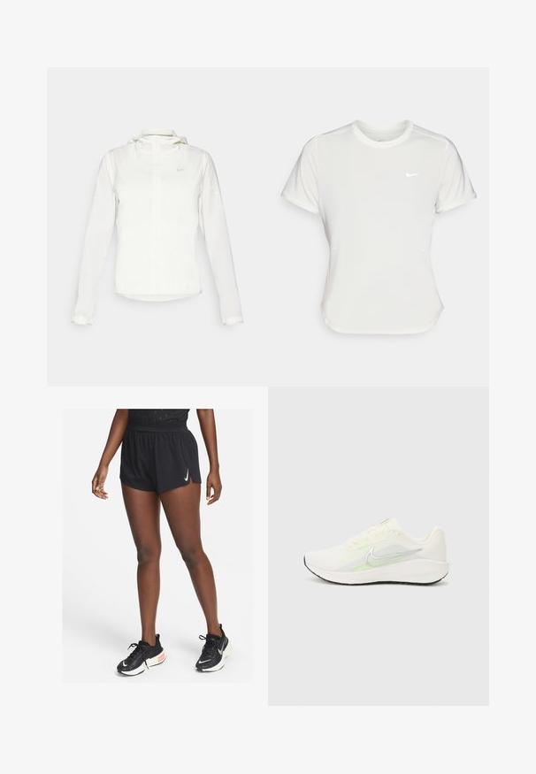 Weiße Nike-Jacke mit Kapuze, durchgehendem Reißverschluss, elastischen Bündchen und einem dezenten Logo auf der Brust. Glatte Textur und leichtes Design.; Nike T-Shirt in Weiß, mit kurzen Ärmeln und rundem Kragen, aus einem glatten, leichten Stoff gefertigt. Verfügt über ein dezentes Logo auf der Brust.; Schwarze Sportshorts mit gerafftem Bund und seitlichen Schlitzen, aus leichtem Material, kombiniert mit schwarzen Laufschuhen mit weißem Swoosh.; Nike Performance DOWNSHIFTER 13 - Laufschuh Straße - sail/silver-coloured photon dust/summit white/barely volt/black