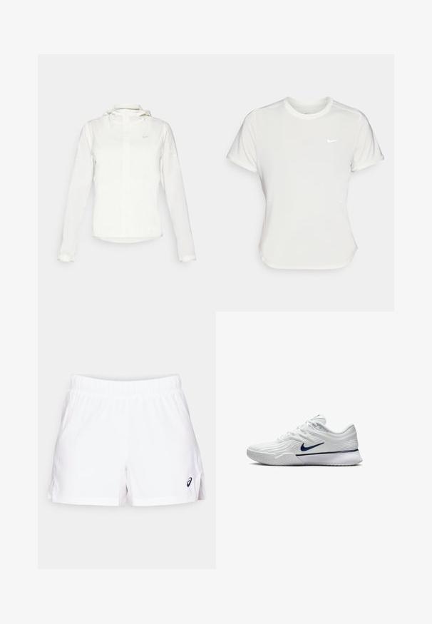 Chaqueta blanca de Nike con capucha, cremallera completa, puños elásticos y un logo sutil en el pecho. Textura suave y diseño ligero.; Camiseta Nike en blanco, de manga corta, escote redondo, hecha de una tela suave y ligera. Presenta un logo sutil en el pecho.; Pantalones cortos deportivos blancos con cintura elástica, aberturas laterales y un pequeño logotipo negro en la parte inferior derecha. Fabricados con material ligero.; Zapatilla deportiva blanca con parte superior de malla texturizada, acentos en azul marino y una suela acolchada con un agarre con patrón. Cordones integrados en el diseño.