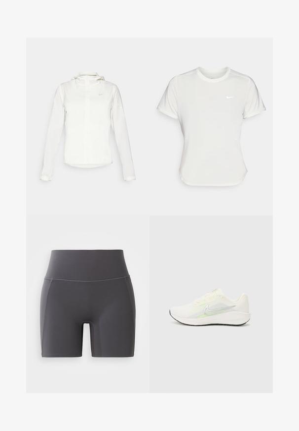 Veste blanche Nike avec capuche, fermeture éclair intégrale, poignets élastiques et un logo discret sur la poitrine. Texture lisse et design léger.; T-shirt Nike en blanc, à manches courtes, col rond, fabriqué dans un tissu lisse et léger. Présente un logo discret sur la poitrine.; Shorts de sport gris avec une taille haute, fabriqués en tissu lisse et extensible. Dotés de coutures plates et d'un design ajusté.; Nike Performance DOWNSHIFTER 13 - Chaussures de running sur route - sail/silver-coloured photon dust/summit white/barely volt/black