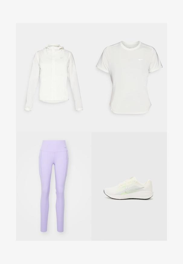White Nike jacket with a hood, full zip, elastic cuffs, and a subtle logo on the chest. Smooth texture and lightweight design.; Nike T-shirt in white, short sleeves, round neckline, made from a smooth, lightweight fabric. Features a subtle logo on the chest.; Nike Performance UNIVERSA - Leggings - lilac bloom; Nike Performance DOWNSHIFTER 13 - Road running shoes - sail/silver-coloured photon dust/summit white/barely volt/black