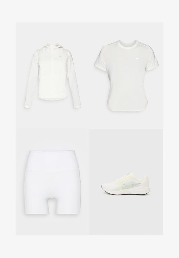 Valkoinen Nike-takki hupulla, täyspitkällä vetoketjulla, joustavilla hihansuilla ja hillityllä logolla rinnassa. Sujuva pinta ja kevyt muotoilu.; Nike T-paita valkoisena, lyhythihaisena, pyöreällä kaula-aukolla, valmistettu sileästä, kevyestä kankaasta. Rinnassa on huomaamaton logo.; Valkoiset korkeavyötäröiset shortsit, jotka on valmistettu joustavasta kankaasta. Ominaisuuksiin kuuluu sileä pinta ja tiukka muotoilu, ilman lisäkuvioita tai varusteita.; Nike Performance DOWNSHIFTER 13 - Katujuoksukengät - sail/silver-coloured photon dust/summit white/barely volt/black