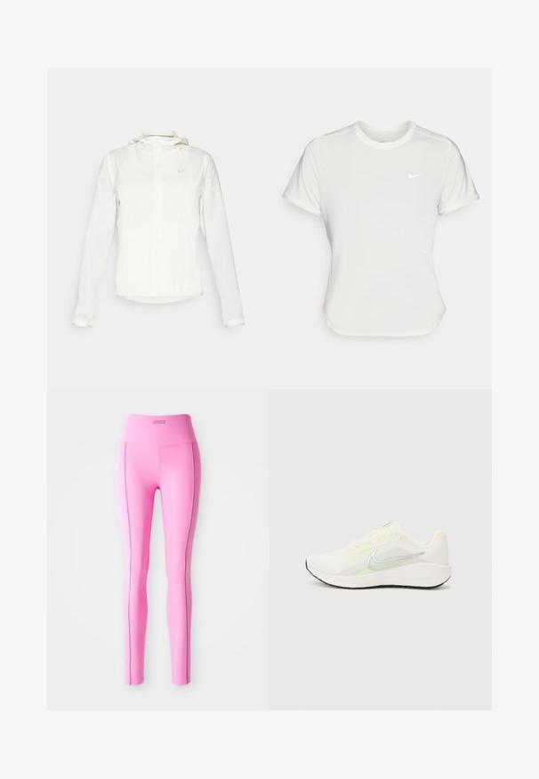 Giacca Nike bianca con cappuccio, zip completa, polsini elasticizzati e un logo discreto sul petto. Texture liscia e design leggero.; T-shirt Nike bianco, maniche corte, scollatura rotonda, realizzata in un tessuto morbido e leggero. Presenta un logo discreto sul petto.; Leggings rosa aderenti realizzati in tessuto elasticizzato, con vita alta e cuciture laterali a contrasto. Texture liscia e senza motivi visibili.; Nike Performance DOWNSHIFTER 13 - Scarpe da corsa su strada - sail/silver-coloured photon dust/summit white/barely volt/black
