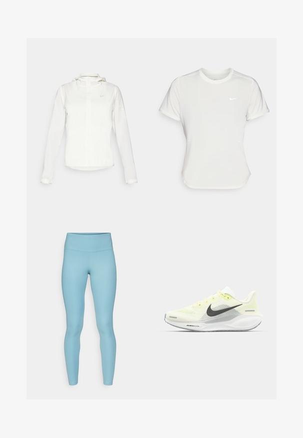Chaqueta blanca de Nike con capucha, cremallera completa, puños elásticos y un logo sutil en el pecho. Textura suave y diseño ligero.; Camiseta Nike en blanco, de manga corta, escote redondo, hecha de una tela suave y ligera. Presenta un logo sutil en el pecho.; Nike Performance FAST - Mallas de correr - denim turquoise/silver; Zapatillas de correr Nike con una parte superior de malla en amarillo claro y blanco, detalles en gris y una suela de goma flexible. Cuenta con un cierre de cordones.