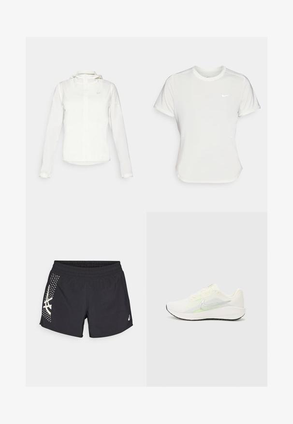 Veste blanche Nike avec capuche, fermeture éclair intégrale, poignets élastiques et un logo discret sur la poitrine. Texture lisse et design léger.; T-shirt Nike en blanc, à manches courtes, col rond, fabriqué dans un tissu lisse et léger. Présente un logo discret sur la poitrine.; Shorts de sport noirs avec une taille élastique et un logo. Le côté présente un motif avec des accents blancs et un motif à pois.; Nike Performance DOWNSHIFTER 13 - Chaussures de running sur route - sail/silver-coloured photon dust/summit white/barely volt/black