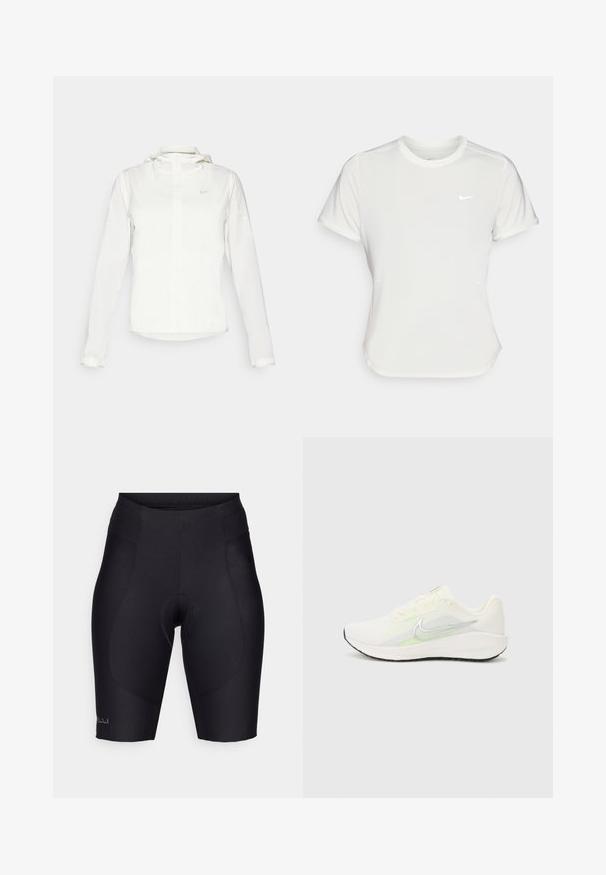 Casaco branco da Nike com capuz, fecho completo, punhos elásticos e um logótipo subtil no peito. Textura suave e design leve.; T-shirt da Nike em branco, mangas curtas, decote redondo, feito de um tecido liso e leve. Apresenta um logo discreto no peito.; Calções de ciclismo pretos feitos de material elástico, com um forro acolchoado, cintura elástica e costuras suaves para um ajuste aerodinâmico.; Nike Performance DOWNSHIFTER 13 - Sapatos para corrida em estrada - sail/silver-coloured photon dust/summit white/barely volt/black