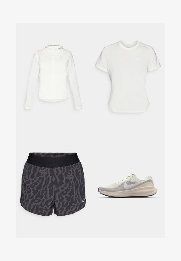 Biela Nike bunda s kapucňou, plným zipsom, elastickými manžetami a jemným logom na hrudi. Hladká textúra a ľahký dizajn.; Biele tričko Nike s krátkym rukávom a okrúhlym výstrihom, vyrobené z hladkej a ľahkej látky. Na hrudi má nenápadné logo.; Čierne a šedé šortky s leopardím vzorom, so širokým elastickým pásom, s jemným leskom a malým bielym logom Nike v pravom dolnom rohu.; Tenisky s svetlošedou sieťovinou, bielym logom Nike, polstrovanou medzišpičkou, štíhlim tvarom a čiernou gumovou podrážkou s dezénom.