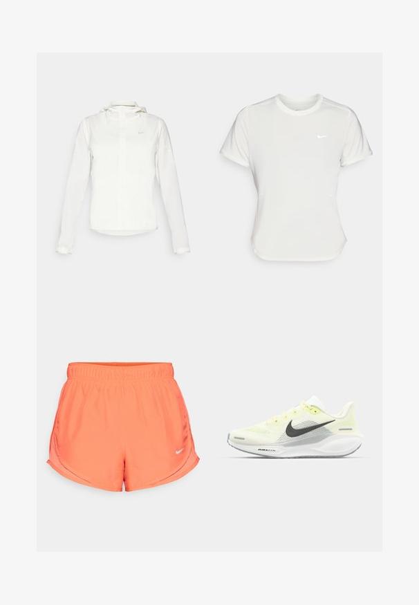 Witte Nike-jack met een capuchon, volledige rits, elastische manchetten en een subtiele logo op de borst. Gladde textuur en lichtgewicht ontwerp.; Nike T-shirt in het wit, korte mouwen, ronde halslijn, gemaakt van een gladde, lichte stof. Bevat een subtiele logo op de borst.; Koraal Nike shorts hebben een elastische tailleband, zijsplitten voor bewegingsvrijheid en een klein zilverkleurig logo op de onderste rechterkant. Zacht en lichtgewicht stof.; Nike hardloopschoenen met een lichtgele en witte mesh bovenkant, grijze accenten en een flexibele rubberen zool. Voorzien van een vetersluiting.