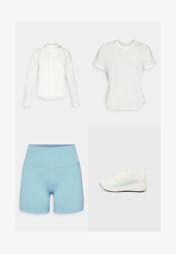 Fehér Nike dzseki kapucnival, teljes cipzárral, rugalmas mandzsettákkal és egy diszkrét logóval a mellkason. Sima textúrájú és könnyű kialakítású.; Fehér Nike póló, rövid ujjú, kerek nyakú, sima, könnyű anyagból készült. Diszkrét logóval rendelkezik a mellkason.; Nike Performance ONE SHORT - Leggingek - denim turquoise/black; Nike Performance DOWNSHIFTER 13 - Utcai futócipők - sail/silver-coloured photon dust/summit white/barely volt/black