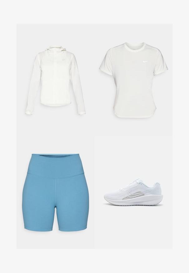 Fehér Nike dzseki kapucnival, teljes cipzárral, rugalmas mandzsettákkal és egy diszkrét logóval a mellkason. Sima textúrájú és könnyű kialakítású.; Fehér Nike póló, rövid ujjú, kerek nyakú, sima, könnyű anyagból készült. Diszkrét logóval rendelkezik a mellkason.; Világoskék sportnadrág magas derékkal, sima tekstúrával és varrási részletekkel. Kényelmes és mozgékony használatra tervezve.; Fehér sportcipő hálós felsőrésze, kerek orra és textúrált talpa van. Ezüst Nike logóval és minimalista dizájnnal rendelkezik.