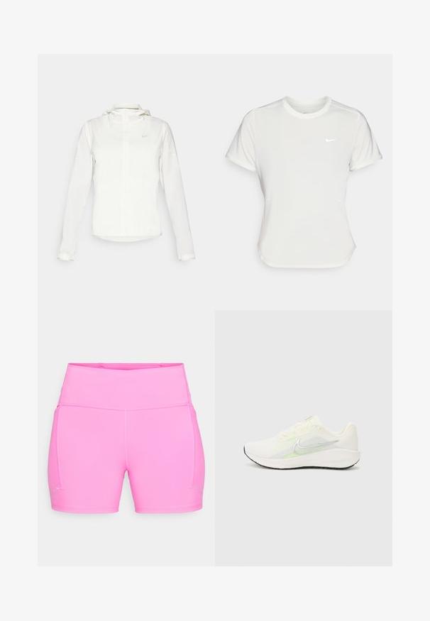 Giacca Nike bianca con cappuccio, zip completa, polsini elasticizzati e un logo discreto sul petto. Texture liscia e design leggero.; T-shirt Nike bianco, maniche corte, scollatura rotonda, realizzata in un tessuto morbido e leggero. Presenta un logo discreto sul petto.; Pantaloni sportivi alti in vita di un brillante colore rosa, con cuciture piatte e piccoli dettagli riflettenti vicino all'orlo su entrambe le gambe.; Nike Performance DOWNSHIFTER 13 - Scarpe da corsa su strada - sail/silver-coloured photon dust/summit white/barely volt/black