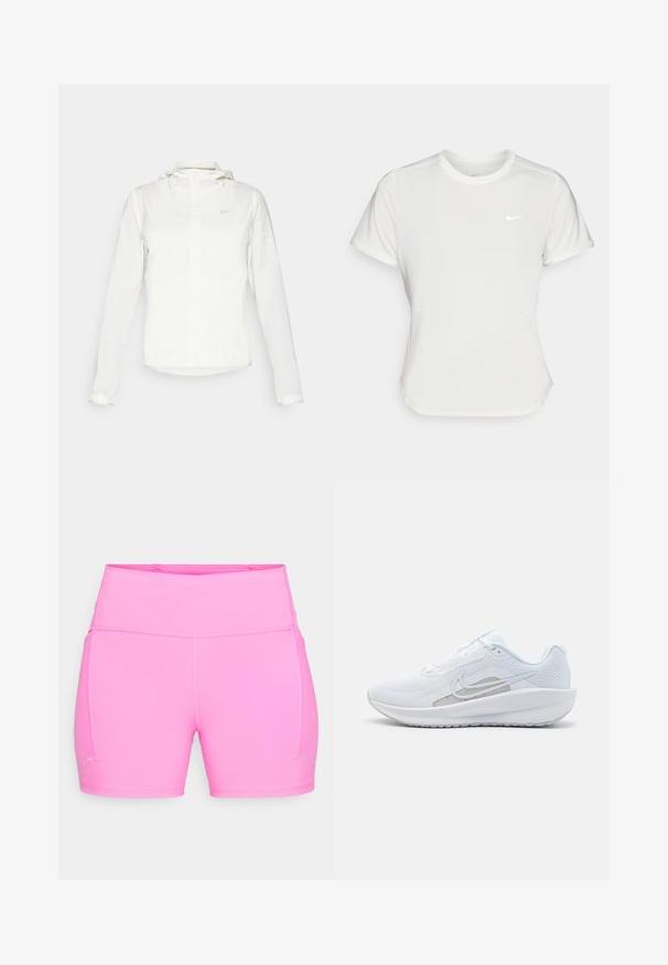 Biała kurtka Nike z kapturem, na zamek błyskawiczny, elastyczne mankiety i subtelne logo na piersi. Gładka tekstura i lekka konstrukcja.; Koszulka Nike w kolorze białym, z krótkimi rękawami, okrągłym dekoltem, wykonana z gładkiego, lekkiego materiału. Posiada subtelne logo na piersi.; Jasnoróżowe, wysokie szorty sportowe z płaskimi szwami i małymi odblaskowymi detalami blisko dolnej krawędzi na obu nogawkach.; Białe sportowe buty z siateczkową cholewką, zaokrąglonym noskiem i teksturowaną podeszwą. Posiadają srebrny logo Nike i minimalistyczny design.