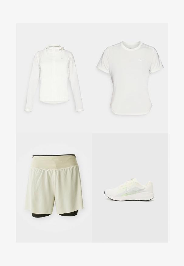 Weiße Nike-Jacke mit Kapuze, durchgehendem Reißverschluss, elastischen Bündchen und einem dezenten Logo auf der Brust. Glatte Textur und leichtes Design.; Nike T-Shirt in Weiß, mit kurzen Ärmeln und rundem Kragen, aus einem glatten, leichten Stoff gefertigt. Verfügt über ein dezentes Logo auf der Brust.; Helle beige Sportshorts mit schwarzem Innenfutter, ausgestattet mit einem breiten elastischen Bund und einer lockeren äußeren Schicht für zusätzlichen Komfort.; Nike Performance DOWNSHIFTER 13 - Laufschuh Straße - sail/silver-coloured photon dust/summit white/barely volt/black