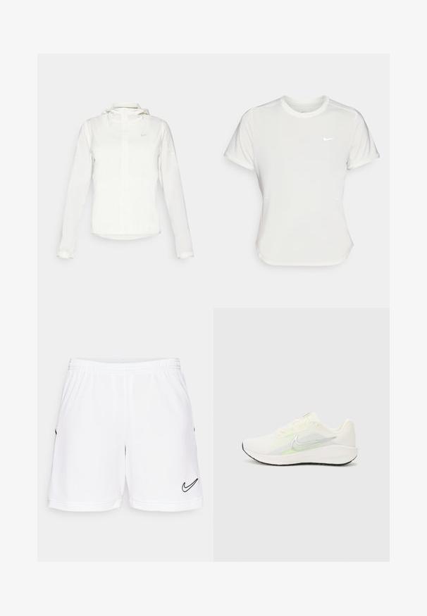 Weiße Nike-Jacke mit Kapuze, durchgehendem Reißverschluss, elastischen Bündchen und einem dezenten Logo auf der Brust. Glatte Textur und leichtes Design.; Nike T-Shirt in Weiß, mit kurzen Ärmeln und rundem Kragen, aus einem glatten, leichten Stoff gefertigt. Verfügt über ein dezentes Logo auf der Brust.; Weiße Sportshorts mit elastischem Bund, ausgestattet mit einem schwarzen Nike-Swoosh-Logo auf der unteren linken Seite und dezenten strukturierten Details.; Nike Performance DOWNSHIFTER 13 - Laufschuh Straße - sail/silver-coloured photon dust/summit white/barely volt/black