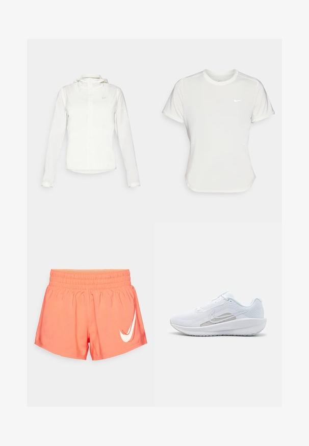 Valge Nike jakker, millel on kapuuts, täispikk tõmblukk, elastsed mansetid ja diskreetne logo rinnal. Sile tekstuur ja kerge disain.; Nike T-särk valgetes toonides, lühikeste varrukatega, ümar kaelus, valmistatud siledast ja kergest kangast. Rinnal on peene logo.; Korallid sportlikud lühikesed püksid elastse vöökohtaga, sileda tekstuuriga ja silmatorkava valge Nike logo'ga vasakul ees.; Valge sportlik king, millel on võrgusilmast ülemine osa, ümar varvas ja tekstureeritud tallad. Omab hõbedast Nike logo ja minimalistikku disaini.