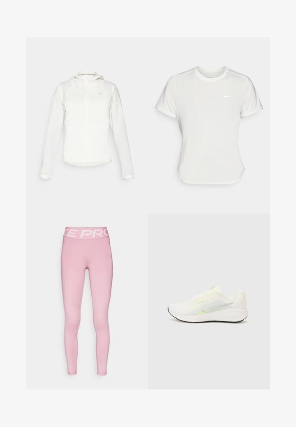 Biała kurtka Nike z kapturem, na zamek błyskawiczny, elastyczne mankiety i subtelne logo na piersi. Gładka tekstura i lekka konstrukcja.; Koszulka Nike w kolorze białym, z krótkimi rękawami, okrągłym dekoltem, wykonana z gładkiego, lekkiego materiału. Posiada subtelne logo na piersi.; Różowe legginsy sportowe z szerokim, jasnoróżowym pasem w talii z logo "NIKE PRO". Wykonane z elastycznej tkaniny, dopasowany krój, gładka tekstura.; Nike Performance DOWNSHIFTER 13 biały