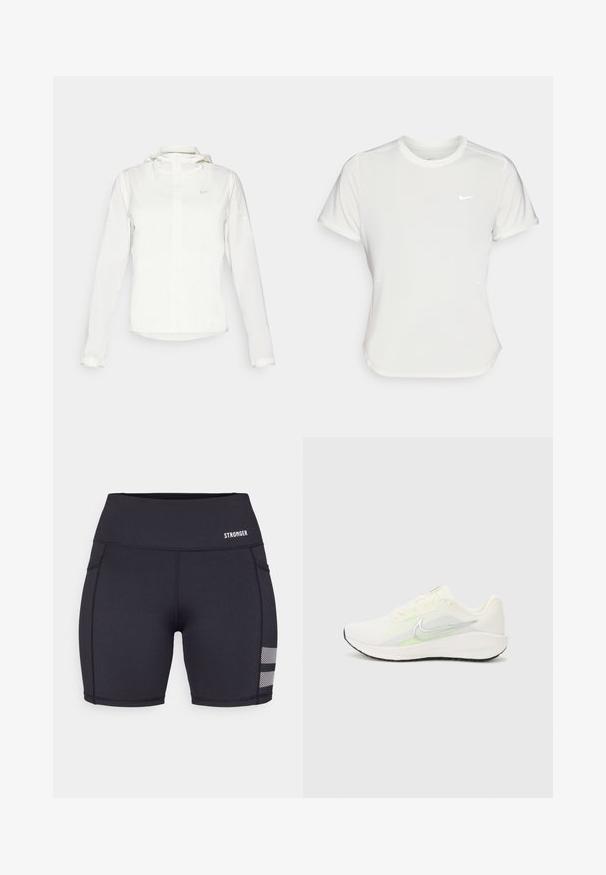 Bílá bunda Nike s kapucí, plným zipem, elastickými manžetami a decentním logem na hrudi. Hladká textura a lehký design.; Bílá Nike tričko s krátkými rukávy, kulatým výstřihem, vyrobené z hladké, lehké tkaniny. Obsahuje decentní logo na hrudi.; Černé sportovní šortky vyrobené z pružné tkaniny. Mají ploché švy, vysoký pas a síťové detaily blízko lemu. Zobrazené logo značky.; Nike Performance DOWNSHIFTER 13 - Silniční běžecké boty - sail/silver-coloured photon dust/summit white/barely volt/black