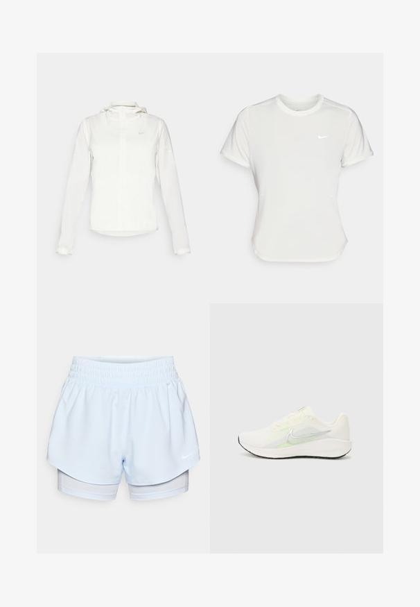 Fehér Nike dzseki kapucnival, teljes cipzárral, rugalmas mandzsettákkal és egy diszkrét logóval a mellkason. Sima textúrájú és könnyű kialakítású.; Fehér Nike póló, rövid ujjú, kerek nyakú, sima, könnyű anyagból készült. Diszkrét logóval rendelkezik a mellkason.; Világoskék sportnadrág elasztikus derékkal; a külső réteg rövid vágású, míg a belső réteg testhezálló és lélegző anyagból készült.; Nike Performance DOWNSHIFTER 13 - Utcai futócipők - sail/silver-coloured photon dust/summit white/barely volt/black
