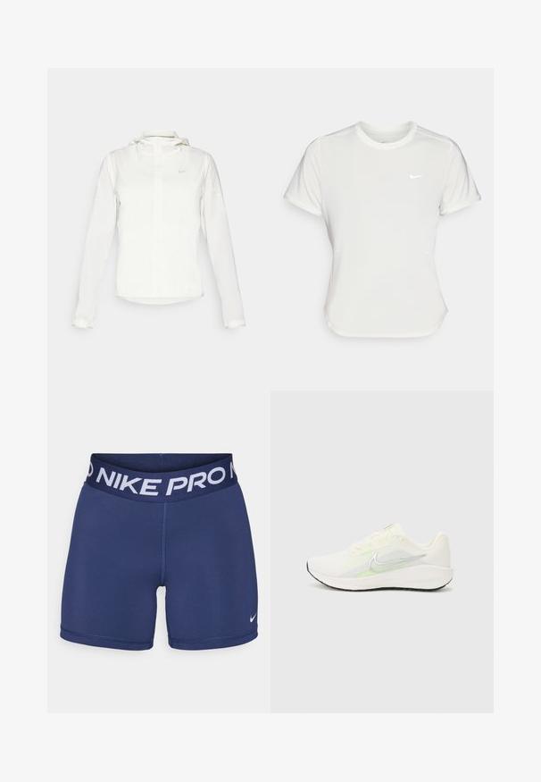 White Nike jacket with a hood, full zip, elastic cuffs, and a subtle logo on the chest. Smooth texture and lightweight design.; Nike T-shirt in white, short sleeves, round neckline, made from a smooth, lightweight fabric. Features a subtle logo on the chest.; Navy blue Nike Pro shorts featuring a wide waistband with white "NIKE PRO" text and a small white logo on the lower right side. Smooth fabric texture.; Nike Performance DOWNSHIFTER 13 - Road running shoes - sail/silver-coloured photon dust/summit white/barely volt/black