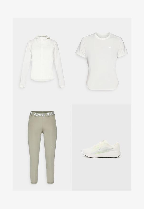 White Nike jacket with a hood, full zip, elastic cuffs, and a subtle logo on the chest. Smooth texture and lightweight design.; Nike T-shirt in white, short sleeves, round neckline, made from a smooth, lightweight fabric. Features a subtle logo on the chest.; Leggings in light olive green, made of stretchy fabric. Features a wide elastic waistband with "NIKE PRO" text and a small white logo.; Nike Performance DOWNSHIFTER 13 - Road running shoes - sail/silver-coloured photon dust/summit white/barely volt/black