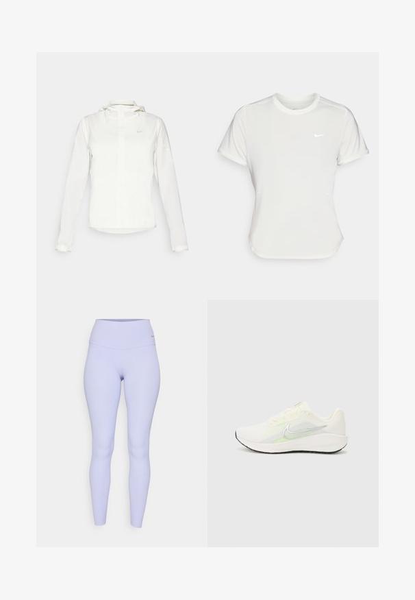 Bijela Nike jakna s kapuljačom, punim zatvaračem, elastičnim manžetama i suptilnim logotipom na prsima. Glatka textura i lagan dizajn.; Nike majica u bijeloj boji, kratkih rukava, okruglog izreza, izrađena od glatkog, laganog materijala. Sadrži diskretni логотип na prsima.; Svijetloplave tajice s visokim strukom, izrađene od rastezljivog materijala. Glatka tekstura bez vidljivih uzoraka ili metalnih detalja.; Nike Performance DOWNSHIFTER 13 - Tenisice za cestovno trčanje - sail/silver-coloured photon dust/summit white/barely volt/black