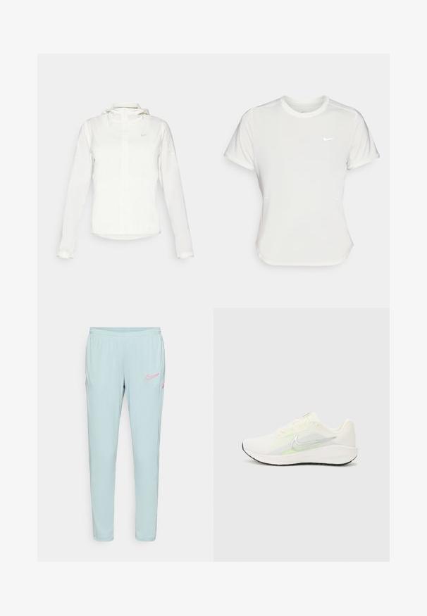 White Nike jacket with a hood, full zip, elastic cuffs, and a subtle logo on the chest. Smooth texture and lightweight design.; Nike T-shirt in white, short sleeves, round neckline, made from a smooth, lightweight fabric. Features a subtle logo on the chest.; Light blue Nike sweatpants with a smooth texture, elastic waistband, and pink logo accents on the left thigh and pockets.; Nike Performance DOWNSHIFTER 13 - Road running shoes - sail/silver-coloured photon dust/summit white/barely volt/black