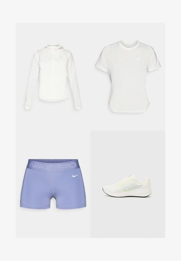 White Nike jacket with a hood, full zip, elastic cuffs, and a subtle logo on the chest. Smooth texture and lightweight design.; Nike T-shirt in white, short sleeves, round neckline, made from a smooth, lightweight fabric. Features a subtle logo on the chest.; Nike Pro compression shorts in light purple, featuring a wide waistband with "NIKE PRO" text, smooth texture, and patterned side accents.; Nike Performance DOWNSHIFTER 13 - Road running shoes - sail/silver-coloured photon dust/summit white/barely volt/black