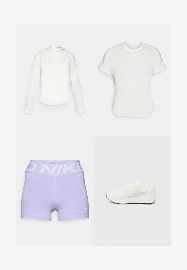 White Nike jacket with a hood, full zip, elastic cuffs, and a subtle logo on the chest. Smooth texture and lightweight design.; Nike T-shirt in white, short sleeves, round neckline, made from a smooth, lightweight fabric. Features a subtle logo on the chest.; Purple athletic shorts made of stretchy material. Features a wide waistband with "NIKE" printed in white and a small white logo on the leg.; Nike Performance DOWNSHIFTER 13 - Road running shoes - sail/silver-coloured photon dust/summit white/barely volt/black