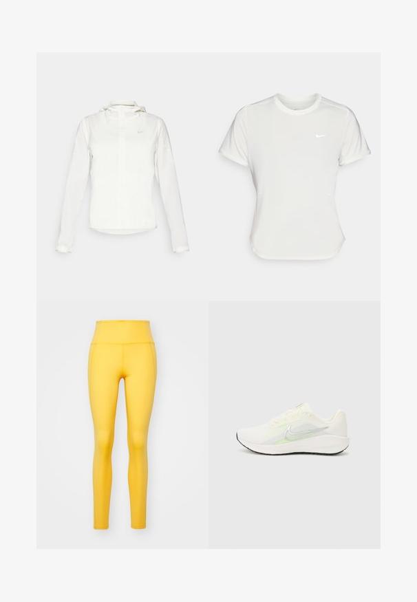 Balta Nike striukė su gobtuvu, pilnu užtrauktuku, elastingomis rankovėmis ir subtiliu logotipu ant krūtinės. Sklandi tekstūra ir lengvas dizainas.; Nike marškinėliai balti, trumpomis rankovėmis, apvaliu iškirpimu, pagaminti iš lygaus, lengvo audinio. Yra subtilus logotipas ant krūtinės.; Girlfriend Collective COMPRESSIVE HIGH RISE LEGGING LONG - Tamprės - golden glow; Nike Performance DOWNSHIFTER 13 - Bėgimo batai plentui - sail/silver-coloured photon dust/summit white/barely volt/black