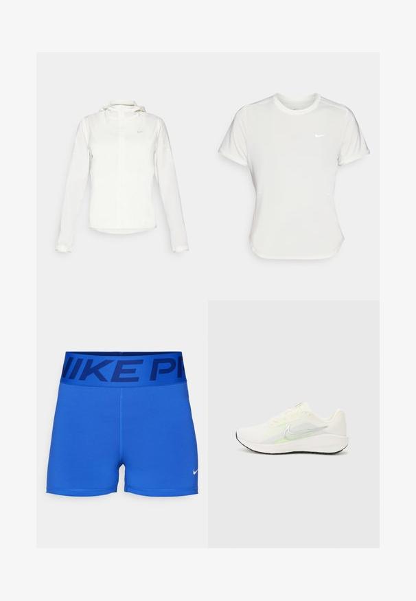 Jachetă albă Nike cu glugă, fermoar pe toată lungimea, manșete elastice și un logo subtil pe piept. Textură netedă și design ușor.; Tricou Nike alb, cu mâneci scurte, decolteu rotund, fabricat dintr-un material neted și ușor. Prezintă un logo subtil pe piept.; Pantaloni scurți sport albastri, realizați dintr-un material neted și elastic. Au o talie lată cu "NIKE PRO" în albastru închis și un logo mic Nike în alb.; Nike Performance DOWNSHIFTER 13 - Pantofi de alergare pe asfalt - sail/silver-coloured photon dust/summit white/barely volt/black