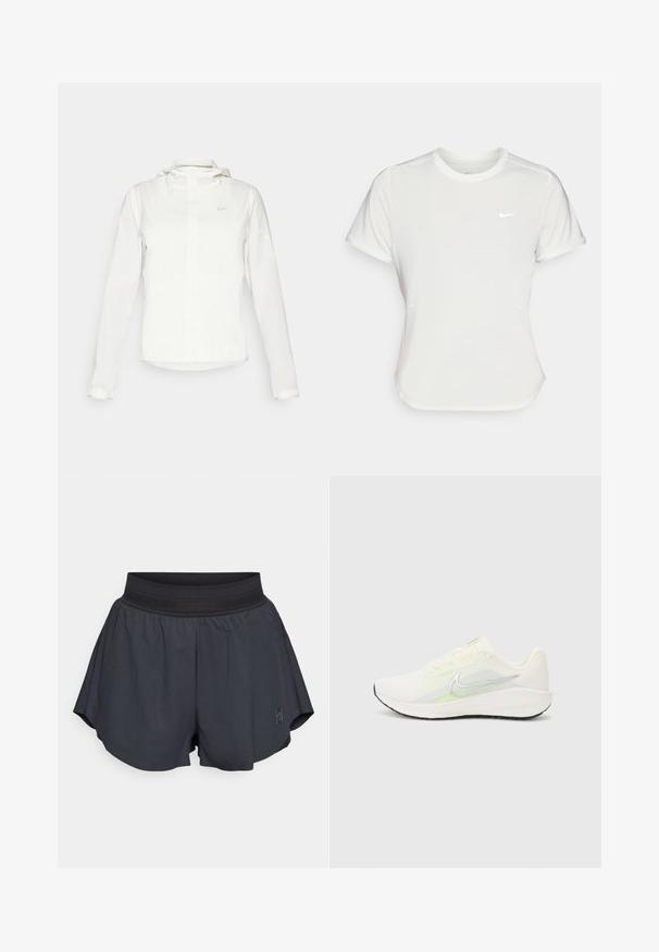 Balta Nike striukė su gobtuvu, pilnu užtrauktuku, elastingomis rankovėmis ir subtiliu logotipu ant krūtinės. Sklandi tekstūra ir lengvas dizainas.; Nike marškinėliai balti, trumpomis rankovėmis, apvaliu iškirpimu, pagaminti iš lygaus, lengvo audinio. Yra subtilus logotipas ant krūtinės.; Juodos sportinės šortai su minkštu elastingu juosmeniu, laisvu kirpimu, šoninėmis raukšlėmis ir mažu logotipu apatinėje priekinėje dalyje.; Nike Performance DOWNSHIFTER 13 - Bėgimo batai plentui - sail/silver-coloured photon dust/summit white/barely volt/black