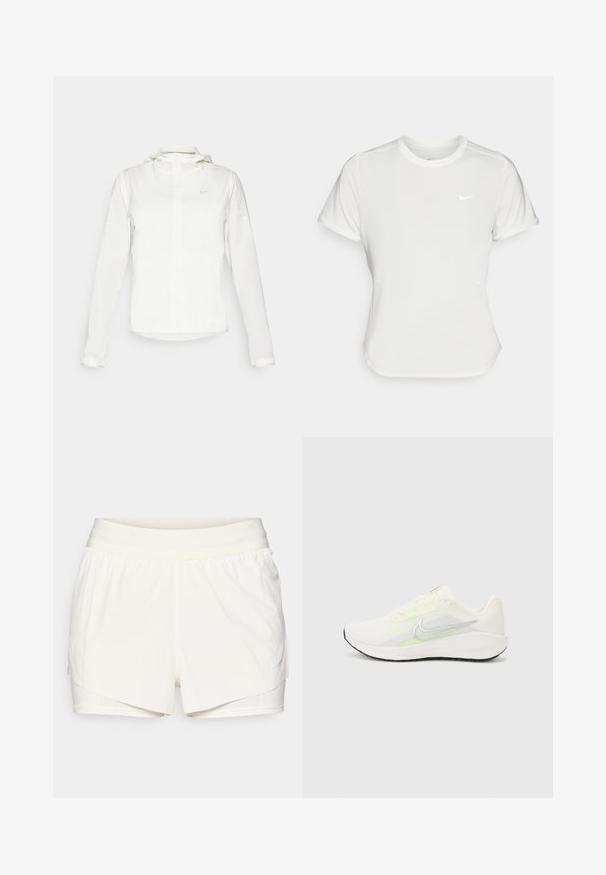 Valkoinen Nike-takki hupulla, täyspitkällä vetoketjulla, joustavilla hihansuilla ja hillityllä logolla rinnassa. Sujuva pinta ja kevyt muotoilu.; Nike T-paita valkoisena, lyhythihaisena, pyöreällä kaula-aukolla, valmistettu sileästä, kevyestä kankaasta. Rinnassa on huomaamaton logo.; Kerman urheilushortsit, joissa on kerrostettu muotoilu, joustava vyötärö ja sisäiset, istuvat shortsit. Sivussa pieni sininen logo.; Nike Performance DOWNSHIFTER 13 - Katujuoksukengät - sail/silver-coloured photon dust/summit white/barely volt/black