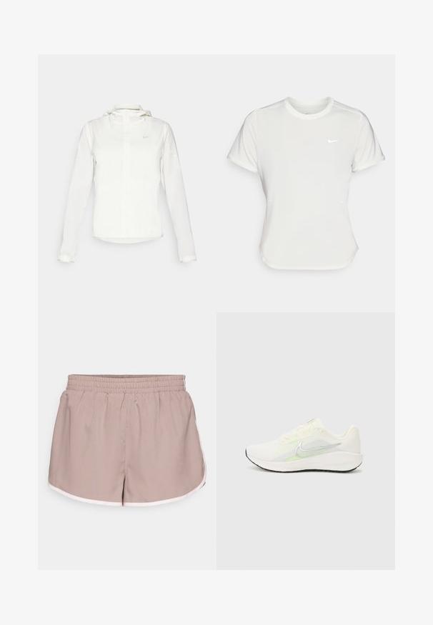 Valge Nike jakker, millel on kapuuts, täispikk tõmblukk, elastsed mansetid ja diskreetne logo rinnal. Sile tekstuur ja kerge disain.; Nike T-särk valgetes toonides, lühikeste varrukatega, ümar kaelus, valmistatud siledast ja kergest kangast. Rinnal on peene logo.; Kergedusümpärased lühikesed püksid hebenis riidest, millel on elastne vöökoht, silmapaistvate valgete ääred ja laiem lõige.; Nike Performance DOWNSHIFTER 13 - Maanteejooksu jalatsid - sail/silver-coloured photon dust/summit white/barely volt/black