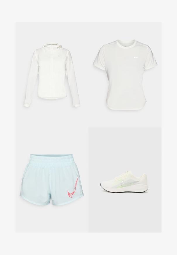 Balta Nike jaka ar kapuci, pilna rāvējslēdzēja, elastīgām piedurknēm un diskrētu logotipu uz krūšu daļas. Gluda tekstūra un viegla konstrukcija.; Nike t-krekls baltā krāsā, īsām piedurknēm, ar apaļu kakla izgriezumu, izgatavots no gludas, vieglas auduma. Uz krūtīm ir diskreta logo.; Gaiši zili sporta šorti ar elastīgu jostu, kuros kreisajā pusē ir rozā grafiskais logo un gluda, teksturēta auduma.; Nike Performance DOWNSHIFTER 13 - Apavi skriešanai pa asfaltu - sail/silver-coloured photon dust/summit white/barely volt/black
