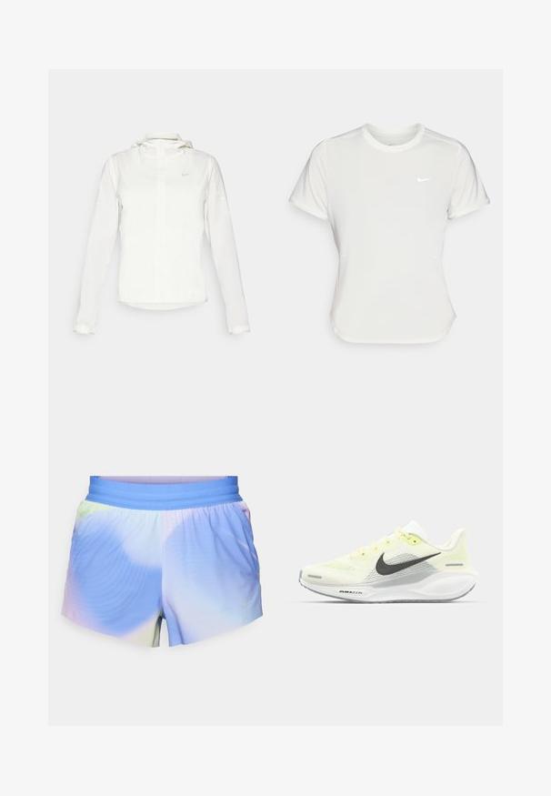Giacca Nike bianca con cappuccio, zip completa, polsini elasticizzati e un logo discreto sul petto. Texture liscia e design leggero.; T-shirt Nike bianco, maniche corte, scollatura rotonda, realizzata in un tessuto morbido e leggero. Presenta un logo discreto sul petto.; Pantaloni sportivi leggeri in una gradazione di blu e colori pastello. Presentano una vita elasticizzata e dettagli con motivo testurizzato.; Scarpe da corsa Nike con una tomaia in rete giallo chiaro e bianco, dettagli grigi e una suola in gomma flessibile. Presentano una chiusura con lacci.