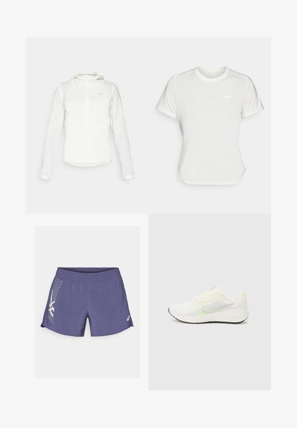 Witte Nike-jack met een capuchon, volledige rits, elastische manchetten en een subtiele logo op de borst. Gladde textuur en lichtgewicht ontwerp.; Nike T-shirt in het wit, korte mouwen, ronde halslijn, gemaakt van een gladde, lichte stof. Bevat een subtiele logo op de borst.; Paarse sportshorts van lichtgewicht stof, met een zijpatroon en logo in het wit. Elastische tailleband met een gladde textuur.; Nike Performance DOWNSHIFTER 13 - Hardloopschoenen voor op de weg - sail/silver-coloured photon dust/summit white/barely volt/black