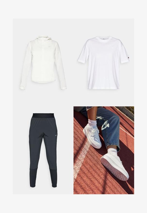Valge Nike jakker, millel on kapuuts, täispikk tõmblukk, elastsed mansetid ja diskreetne logo rinnal. Sile tekstuur ja kerge disain.; Valge puuvillane T-särk ümmarguse kaelusega, lühikeste varrukatega ja väikese logoga vasakul rinnaosas. Omab lõdva istuvust ja ühte kindlat värvi.; Nike spordipüksid tumeshallis, kitsa jala disainiga, elastse vöökoha ja aktsentdetailidega pahkluude lähedal.; Valged nahast sneakerid perforatsiooniga varvaste kohal, lame paelad ja kummist tald. Kanda valgete sokkidega ja helesiniste teksadega, punasel jooksurajal.