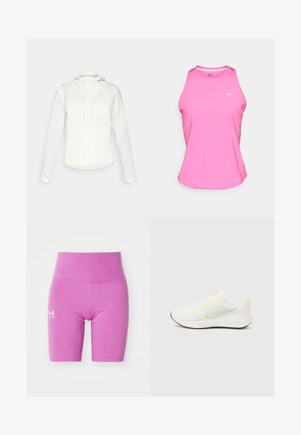 Casaco branco da Nike com capuz, fecho completo, punhos elásticos e um logótipo subtil no peito. Textura suave e design leve.; Top de atletismo cor-de-rosa feito de material sintético, apresentando um decote redondo, design sem mangas e um pequeno logótipo branco da Nike na frente.; Bermudas de bicicleta elásticas rosas com uma cintura alta, costuras planas e um logótipo da Under Armour em branco na perna esquerda. Textura suave.; Nike Performance DOWNSHIFTER 13 - Sapatos para corrida em estrada - sail/silver-coloured photon dust/summit white/barely volt/black