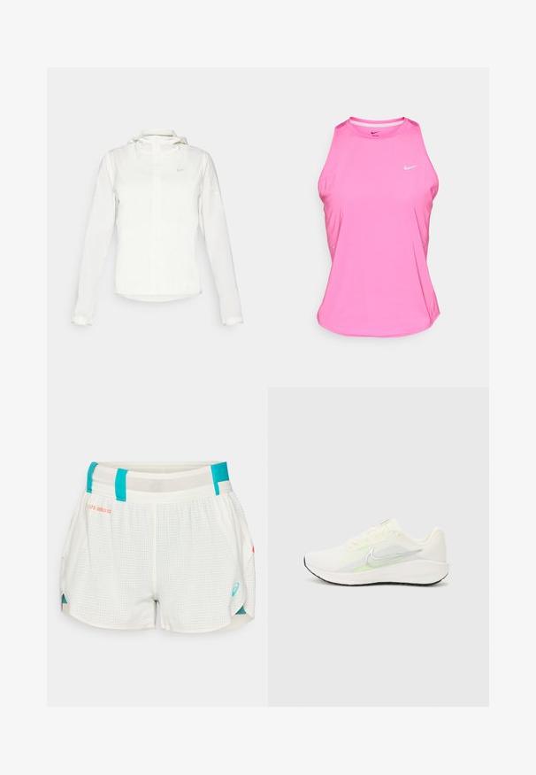 White Nike jacket with a hood, full zip, elastic cuffs, and a subtle logo on the chest. Smooth texture and lightweight design.; Pink athletic tank top made of synthetic material, featuring a round neckline, sleeveless design, and a small white Nike logo on the front.; White patterned running shorts with turquoise accents, breathable mesh waistband, and side slits for mobility. Features brand logo in turquoise.; Nike Performance DOWNSHIFTER 13 - Road running shoes - sail/silver-coloured photon dust/summit white/barely volt/black