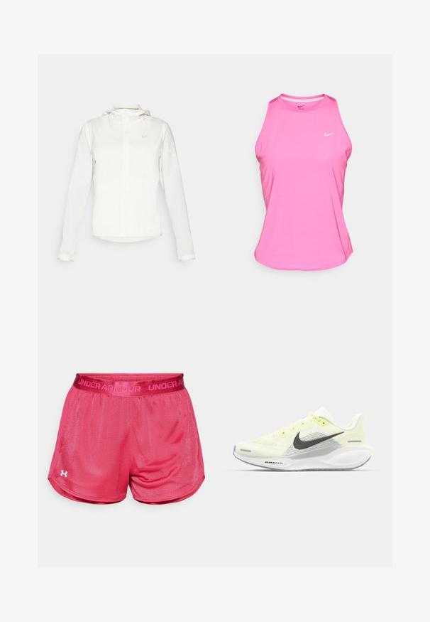 Valkoinen Nike-takki hupulla, täyspitkällä vetoketjulla, joustavilla hihansuilla ja hillityllä logolla rinnassa. Sujuva pinta ja kevyt muotoilu.; Vaate urheilullinen vaaleanpunainen tank top, valmistettu synteettisestä materiaalista, jossa on pyöreä pääntie, hihaton malli ja pieni valkoinen Nike-logo edessä.; Vaatteet vaaleanpunaiset urheilushortsit, jotka on valmistettu kevyestä verkkomateriaalista. Niissä on sileä vyötärönauha, jossa on "UNDER ARMOUR" -merkkiteksti ja pieni logo helman kohdalla.; Nike juoksukengät, joissa on vaaleankeltainen ja valkoinen verkko-osa, harmaita yksityiskohtia ja joustava kumipohja. Varusteet nauhakiinnityksellä.