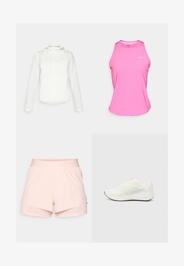 Casaco branco da Nike com capuz, fecho completo, punhos elásticos e um logótipo subtil no peito. Textura suave e design leve.; Top de atletismo cor-de-rosa feito de material sintético, apresentando um decote redondo, design sem mangas e um pequeno logótipo branco da Nike na frente.; Calças de treino de cor rosa claro, com um cós elástico, design em camadas e calções de compressão integrados por baixo. Apresenta um pequeno logo da Nike.; Nike Performance DOWNSHIFTER 13 - Sapatos para corrida em estrada - sail/silver-coloured photon dust/summit white/barely volt/black
