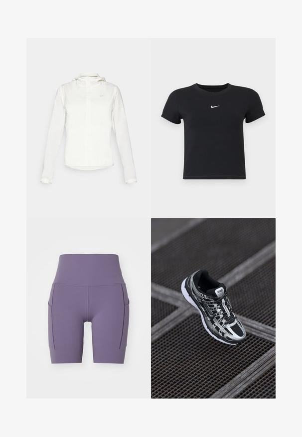 Weiße Nike-Jacke mit Kapuze, durchgehendem Reißverschluss, elastischen Bündchen und einem dezenten Logo auf der Brust. Glatte Textur und leichtes Design.; Schwarzes T-Shirt mit kurzen Ärmeln aus Baumwolle und rundem Ausschnitt. Es hat ein weißes Nike-Logo auf der Brust, ein minimalistisches Design und eine taillierte Form.; Nike Performance UNIVERSA SHORT - Tights - daybreak/black; Nike-Laufschuh mit einem schwarz-silbernen Farbschema, Mesh-Obermaterial, strukturiertem Sohle und Schnürsystem für einen sicheren Sitz.