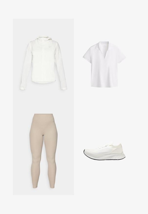 White Nike jacket with a hood, full zip, elastic cuffs, and a subtle logo on the chest. Smooth texture and lightweight design.; White short-sleeve polo shirt with open V-neck collar, made of smooth fabric, displayed on a white background.; Beige high-waisted leggings with a ribbed texture, featuring a smooth waistband and fitted legs, designed for comfort and flexibility.; White running shoe with a mesh upper, lightweight design, smooth rounded sole, and black rubber outsole. Features flat laces and minimal accents.