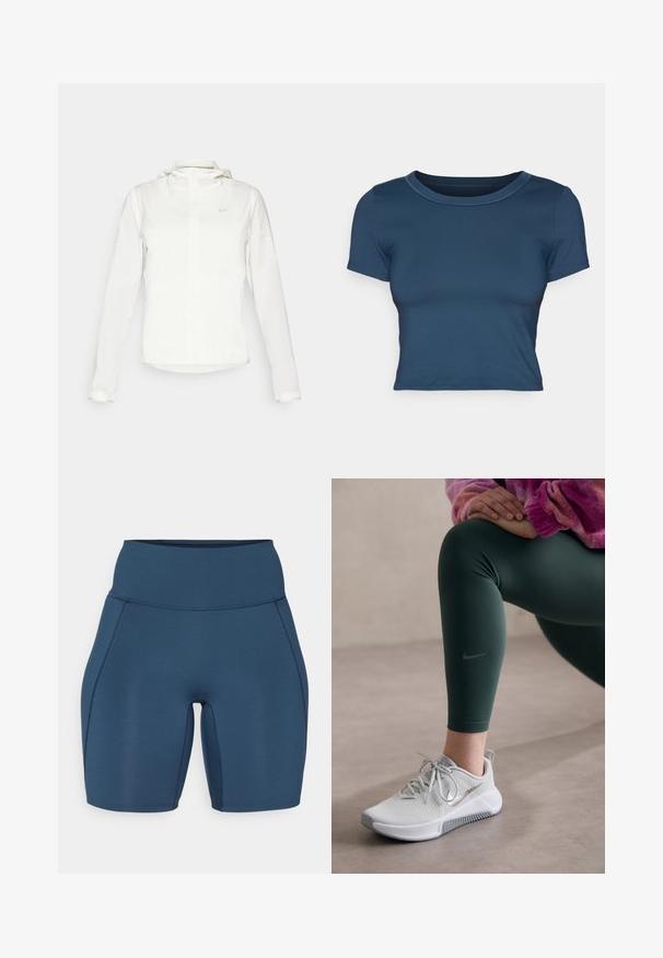 Valge Nike jakker, millel on kapuuts, täispikk tõmblukk, elastsed mansetid ja diskreetne logo rinnal. Sile tekstuur ja kerge disain.; Tumed sinaise värvi lühike t-särk, mis on valmistatud siledast, venivast kangast. Omab ümmargust kaelust ja lühikesi varrukaid, millel on lihtsad õmblusdetailid.; Tumedat sinised trennipüksid kõrge vöökoha ning siledate õmblustega. Omavad kitsast disaini, mis ulatub keskmise reieni.; Nike jooksujalad heledas hallis värvitoonis, tekstuuriga ülemise osaga, hallide aktsentidega ja valge tallaga, koos tumeroheliste legginsitega, millel on logo.