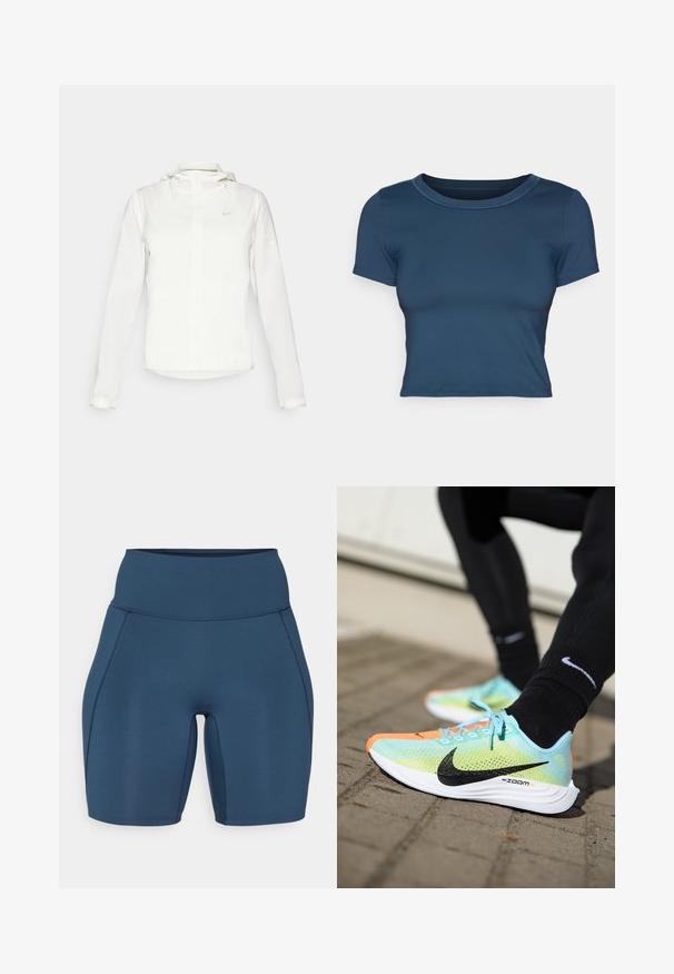 Hvit Nike-jakke med hette, hel glidelås, elastiske mansjetter og en diskret logo på brystet. Glatt tekstur og lett design.; Marineblå kort t-shirt laget av glatt, elastisk stoff. Har en rund halslinning og kortermede ermer med enkle søm detaljer.; Mørkeblå treningsshorts med høy midje, glatt tekstur og flate sømmer. Har en tettsittende design som strekker seg til midten av låret.; Nike ZoomX løpesko har en mesh-overdel i mintgrønn med svarte detaljer, oransje tåhette og hvit såle med teksturert grep.